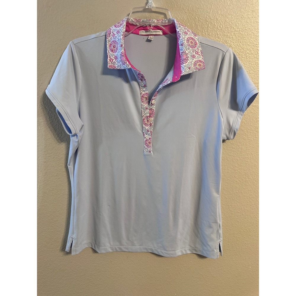 Fairway Greene Ladies Polo Shirt Floral Collar Pink Blue Short Sleeve Size L
